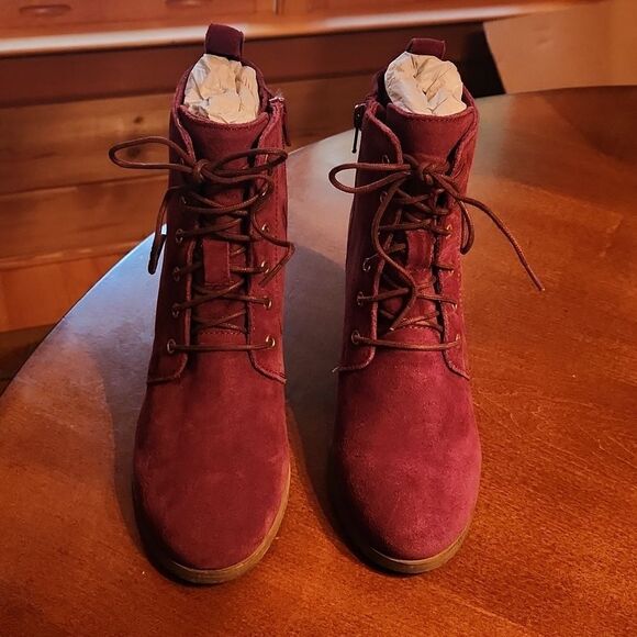 Diba Blake Leather Suede Ankle Lace Up & Zip Up Wedge Heeled Boots, Burgundy - Picture 8 of 10